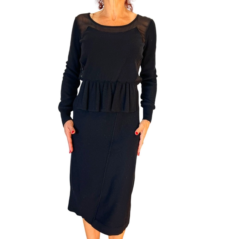 SONIA RYKIEL  BLACK WOOL CASHMERE PEPLUM ILLUSION KNIT SWEATER MIDI  DRESS 40 M